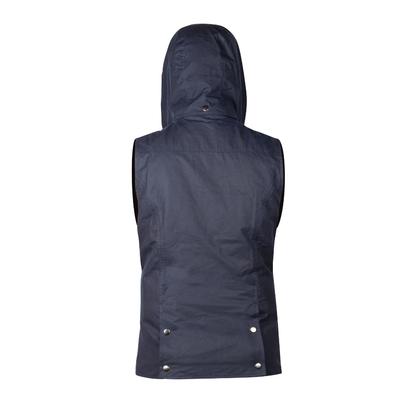 hooded waxed cotton vest back view waterproof durable outdoor jacket navy