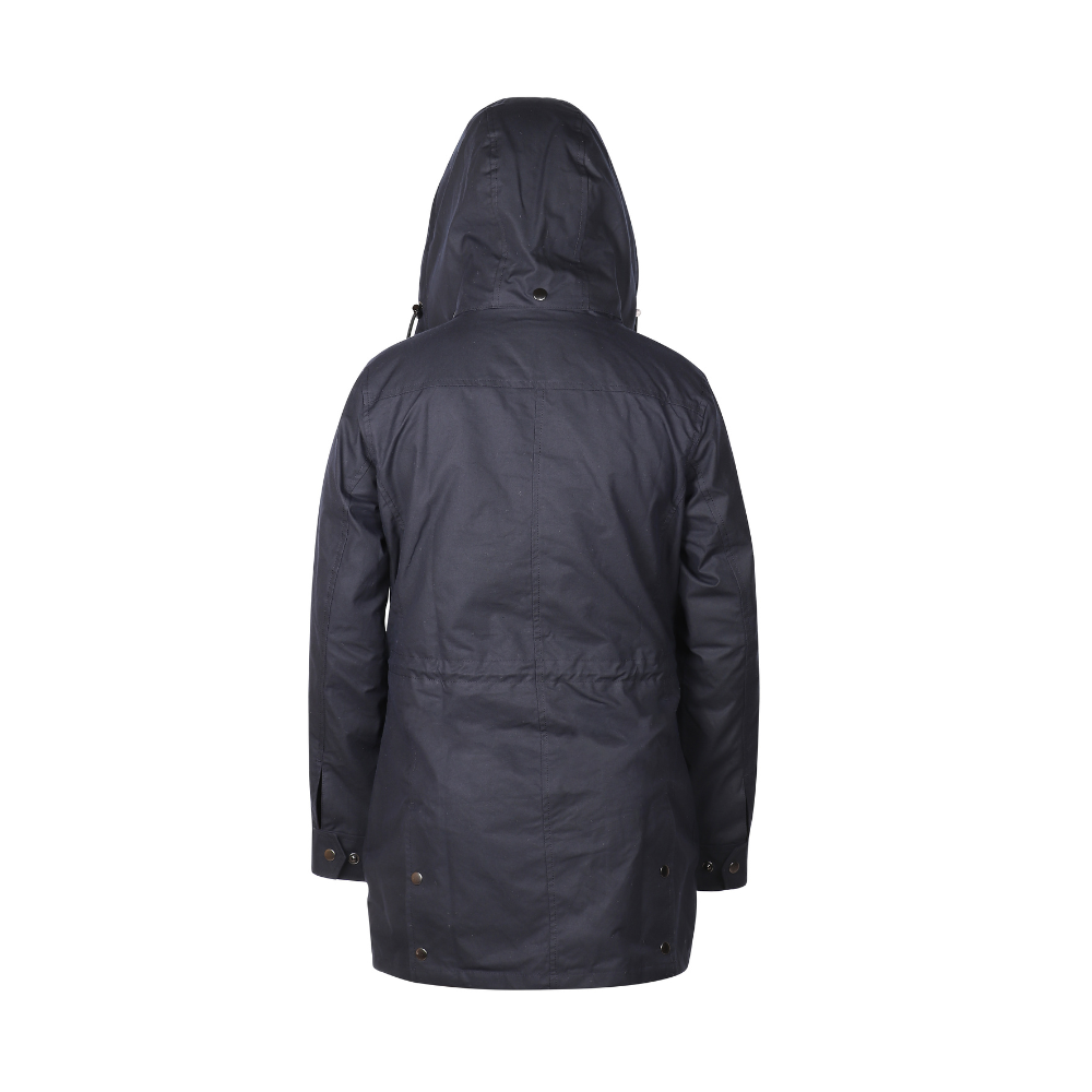 women's waxed cotton jacket back view hooded waterproof durable outdoor jacket